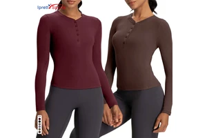 Breathable Lyocell Fabric Button up Yoga Shirts Round Neck Slim Fit Long Sleeve Henley T Shirt Women