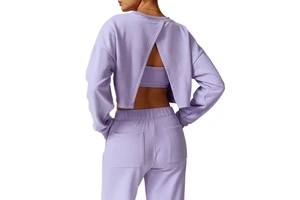 Long Sleeves Women Round Neck Sports Top for Gym Fitness Slit Back Yoga Tank Long Sleeves