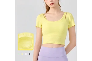 New Sports Top T-Shirt Women's Chest Cushion Pleated Slim Yoga Dress Sexy Fitness Top
