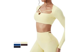 Square Neck Hollow Out Long Sleeve Yoga Top Women Quick Dry Training Running Fitness Sports Yoga Top