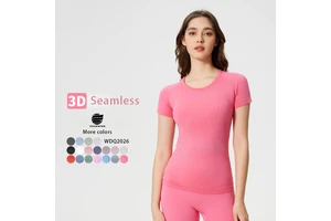 Xsunwing Woman Run Tee Crew Neck Jacquard Seamless Stretch Slim Sports Workout Tops Yoga Running Short Sleeves T Shirts WDQ2067