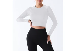 Round Neck Yoga Slim Fit Waist Tight Breathable Seamless Print Short Sports Long Sleeve Elastic Fitness Top for Women
