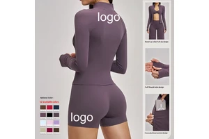 Cross-Border Brushed Spandex/Nylon Sweat-Wicking Yoga Jacket Long-Sleeve Zipper Pocket Tight-Fitting Top Outdoor Sports Running