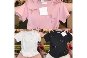 New Sweet Bow pink Polyester Round Neck Short Sleeved T-shirt Spicy Summer New Women's Slim Fit Short Top