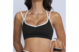 Custom LOGO Double Straps Cross Back Shockproof Sports Bra Deep V Neck White Striped Fitness Pilates Bra Top