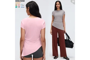 D26071 Round Neck Yoga Top Short Sleeve Straight Shoulder Side Slits Slimming Quick-Drying Breathable Gym Running Casual Tee