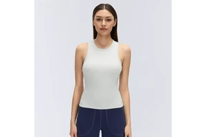 Women's Breathable Sports Vest with Chest Pads Ribbed Round Neck Slim Fit Sleeveless Gym Tank Top
