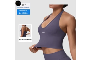Women's Breathable Seamless Yoga Tank Top Vest Bra Workout with Halter Back Removable Padding & Front Logo