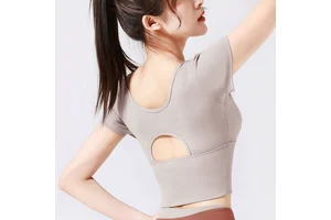 Nude-feeling Breathable Lightweight Sports Tights Peach-Colored Patchwork Top Bra-Free Outer Wear Yoga Short-Sleeved Shirt