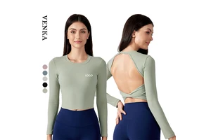 Hot Girl Sexy Beautiful Neck Backless Slimming Yoga Crop Top Lightweight High Elastic Fitness Long Sleeve for Plus Size Women