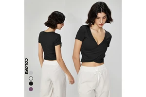 Custom Logo Cross V Neck Nude Feeling T-shirt Crop Top T-shirt Modal Ribbed Short Sleeve Yoga Tops Sports T Shirt Women