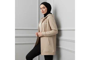 Islamic Women Plus Size Loose Longline Hooded Sweatshirt Jacket Modest Full-Zip Breathable Eco-Friendly UPF50+ French Sportswear