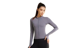 Women's Full Zip Thumbhole Cuffs Yoga Jacket Long Sleeve Stand Collar Cool Touch Fabric Slim Fit Crop Workout Running Top