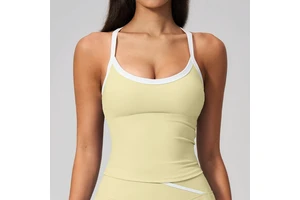 Women's Contrast Trim Racerback Tank Top, Nude Feel Slim Fit Yoga & Tennis Top with Built-in Bra