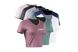 Custom Logo Fitness Yoga Wear 8 Colors Women's T-shirts Spandex V-neck Sports Workout Crop Top Women Gym Quick Drying T Shirt