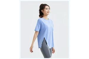New Women's Spring and Autumn Yoga Wear Spandex/Nylon Slit Loose Short Sleeve Sports Running T-Shirt for Adults