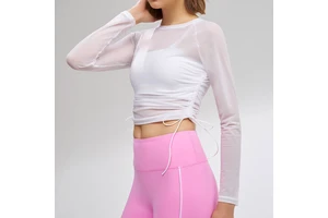 Aoyema New Women Sexy Round Neck Quick Dry Yoga Shirts With Chest Pads Compression Sports Lightweight Gym Crop Top Long Sleeves
