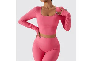 YHT 2022 Eco-Friendly Plus Size Winter Quick Dry Long-sleeved Low Neck Solid Sports Tops Leggings Yoga Sets Gym Clothing Women