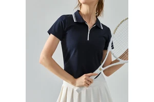 Summer Half Zipper Lapel Sports Short Sleeve Women's Arc Hem Loose Fitness Top Nude Slim Breathable Yoga Clothes