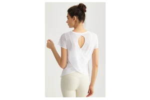 Weiman Women's New Neck Yoga Short-sleeved T-shirt Breathable Quick-drying 100% Polyester Cross Hollow Back Top Sports Fitness