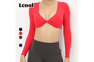 Lcool Custom Logo Athletic Cross Twist Front Workout Gym Sports Fitness Running Yoga Long Sleeve Activewear Crop Top for Womens