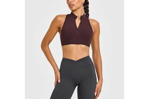 Custom Logo Plus Size Front Women Fitness Yoga Crop Top Racerback Removable Padded Sculpt Stretch Half Zip High Neck Sports Bra