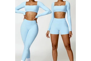 Wholesale Bare Sensation Solid Yoga Set Women High-Waisted Slimming Butt-Lifting Sports Fitness Running Yoga Clothing 2 Front