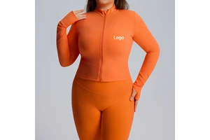 EU/US Size 3XL Stand Collar Long Sleeve Yoga Top With Thumb Hole Cropped Tight Fit Full Zip up Gym Workout Women's Sports Jacket