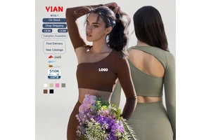 New Style Solid Irregular Collar Top with Bra Pad Long Sleeves Sports Gym Fitness High-intensity Yoga Top Breathable Halter Vest