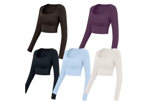 Women's New U Neck Sports Gym Running Workout Fitness Long Sleeves Crop Top Shirts Fixed Pad Quick-drying Yoga Clothes Everyday