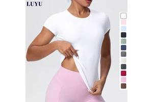 CUSTOM LOGO Nylon/Spandex Nude Breathable Short Sleeve Sports Shirts for Women Training Fitness Yoga T-shirts