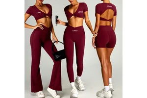 New Activewear Top Quick Dry V Neck Yoga Short Sleeve Hollow Out Beauty Back Tight Leggings Gym Fitness Work Out Sets for Women