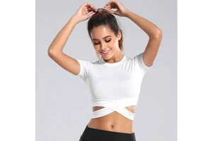 High Quality Women Plus Size Sexy Cross Short-sleeved Yoga Crop Top Breathable Lightweight Quick Dry Sweat-Wicking Spandex/Nylon