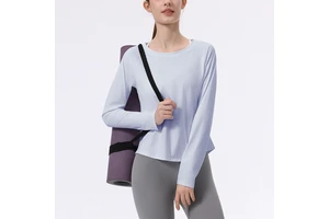New Breathable Spandex/Nylon Professional Four-Needle Six-Line Solid Sports Top Women's Long-Sleeved Crew Neck Running Yoga