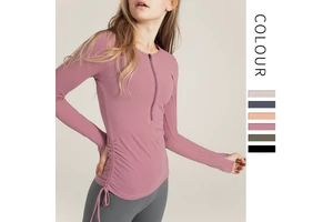 Autumn Women's Athletic Long Sleeve Top Half Zip Drawstring Waist Ruched Slim Fit Feel Sportswear for Yoga Workout Fitness