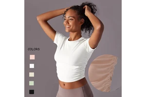 Women Fold Lower Back Yoga T Shirt Lady Casual Round Neck Running Gym Crop Top Female Gather Sports T Shirts