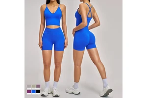High Elastic Solid Crisscross Strap Backless V Neck Tank Top High Waist Butt Lifting Slim Fit Yoga 2-piece Outfit