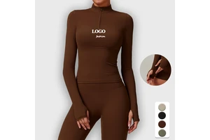 Women's Slim Fit Elegant Long Sleeve T-Shirt Custom Logo High Collar Solid Half Zipper Autumn Yoga Top Spandex Material Printed