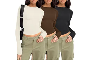OQQ Wholesale Women's Breathable Lightweight Seamless Plus Size Fitness Wear Simple Round Neck Long Sleeved Sports Yoga Top