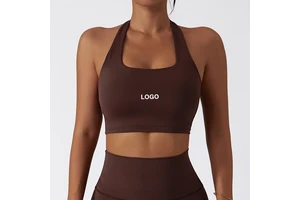 Wholesale Nude Feeling Fabric Elasticity Halter Neck Sports Bra Backless Yoga Crop Top Open Back Design Sports Bra