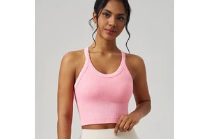 High-Intensity Ribbed Yoga Top Compression Supportive Back Tank for Gym & Running Breathable and Lightweight with Front Logo
