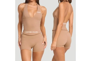 Women's Plus Size Seamless Breathable Deep V Halter Neck Compression Tank Top Four-Way Stretch Quick Dry Gym Yoga Workout
