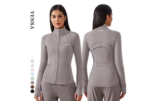 Women Stand Collar Slim Fit Sports Top Stretchy Athletic Wear Fitness Full Zip up with Zip Pocket Female Long Sleeve Yoga Jacket