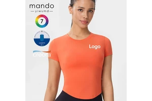 Curved Hem Yoga T-Shirt 85% Nylon 15% Spandex High Elastic Fabric Short-sleeve Crew-neck Fitness Top Women