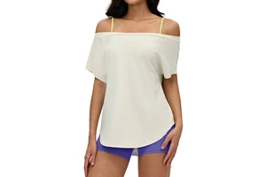 2026 Summer Sports Short-sleeve Spandex/Nylon T-shirt Women Loose Breathable Yoga Top Off-shoulder