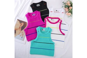 Women's Retro Polychrome Striped Knitted Tank Top Breathable Summer Sports Fitness Yoga Top with round Neck