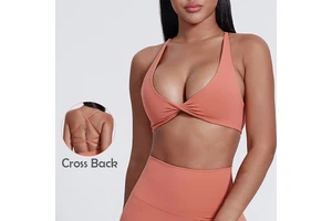 Women's V-Neck Twist Front Yoga Crop Top Reversible Breathable Medium Support Spandex Cotton Gym Workout Bra