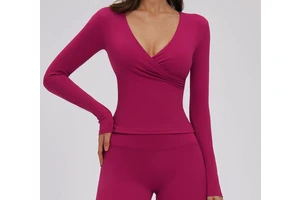 Customized Solid Breathable Four-way Stretch Quick Dry Eco-friendly Yoga Long-sleeved V-neck Pilates Training Top Women Suitable
