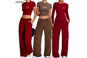 Yoke Hot Sale Slim-fit Fitness Yoga Sets Pleated Sports Suit Wholesale Shirts Pants Crop Top Long Sleeve Shirts Running