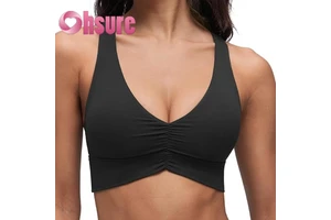 Women's Pleated Long Sports Bra - V-neck Padded Yoga Tank Top with Wide Straps, Cross Back, and Crop Top